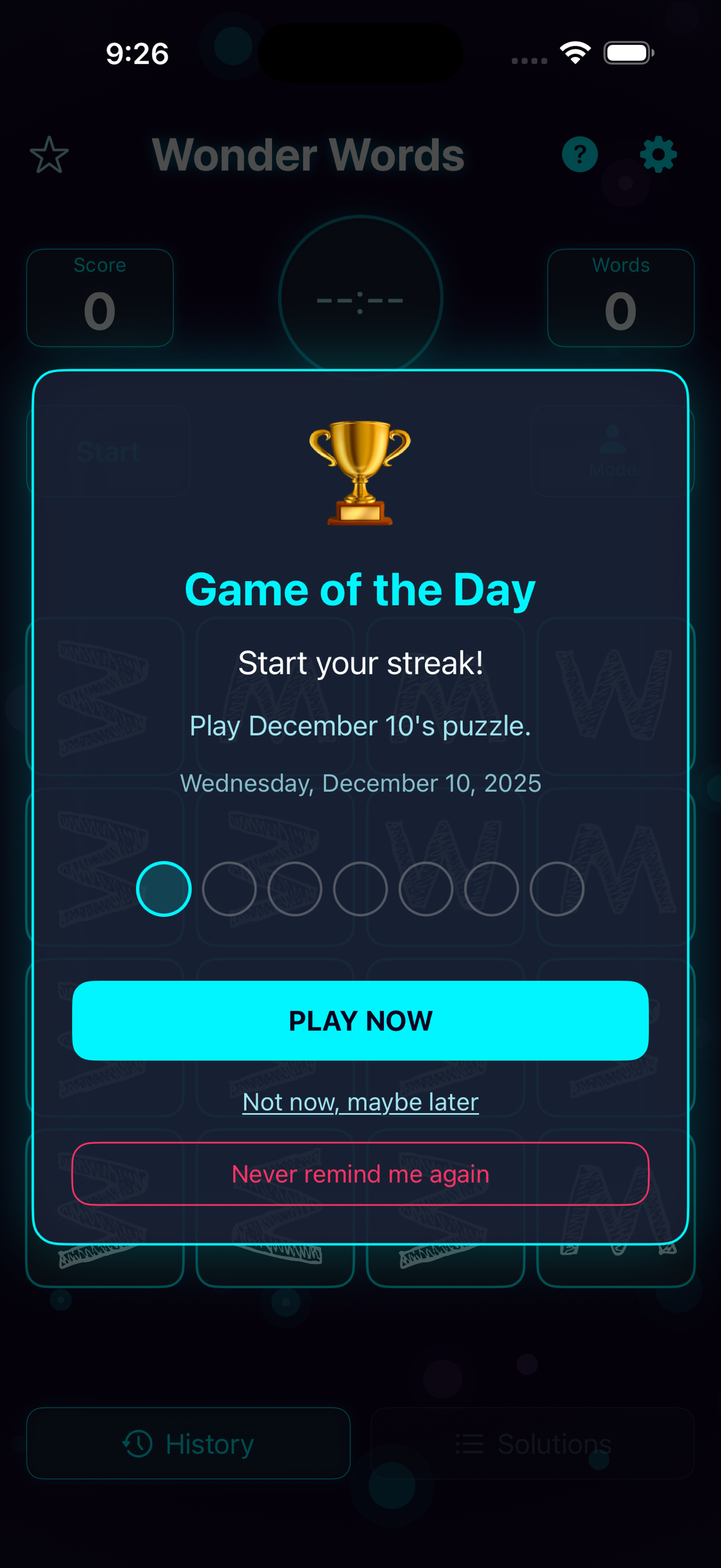 Wonder Words results and streak view